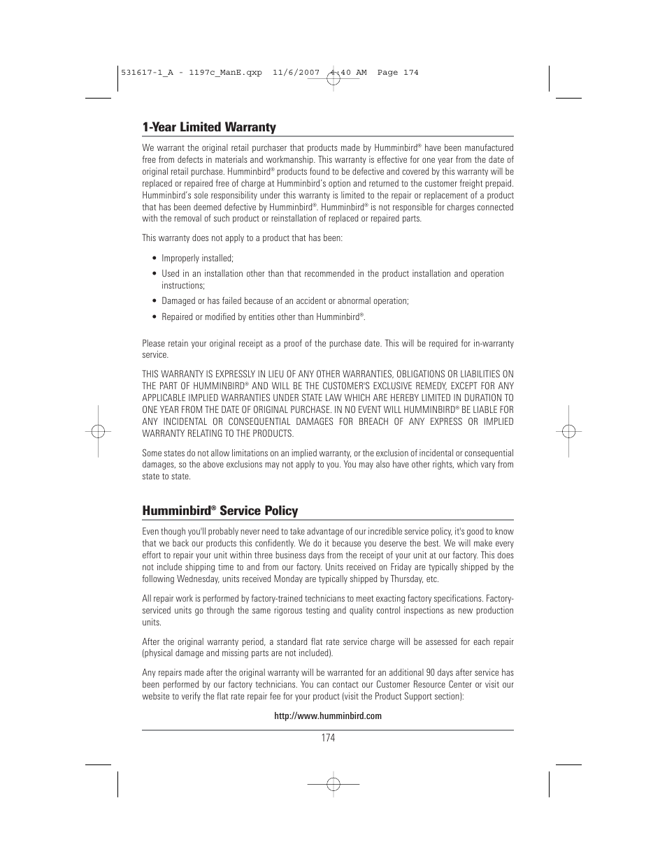 Year limited warranty, Humminbird® service policy | Humminbird 1197C SI User Manual | Page 182 / 196