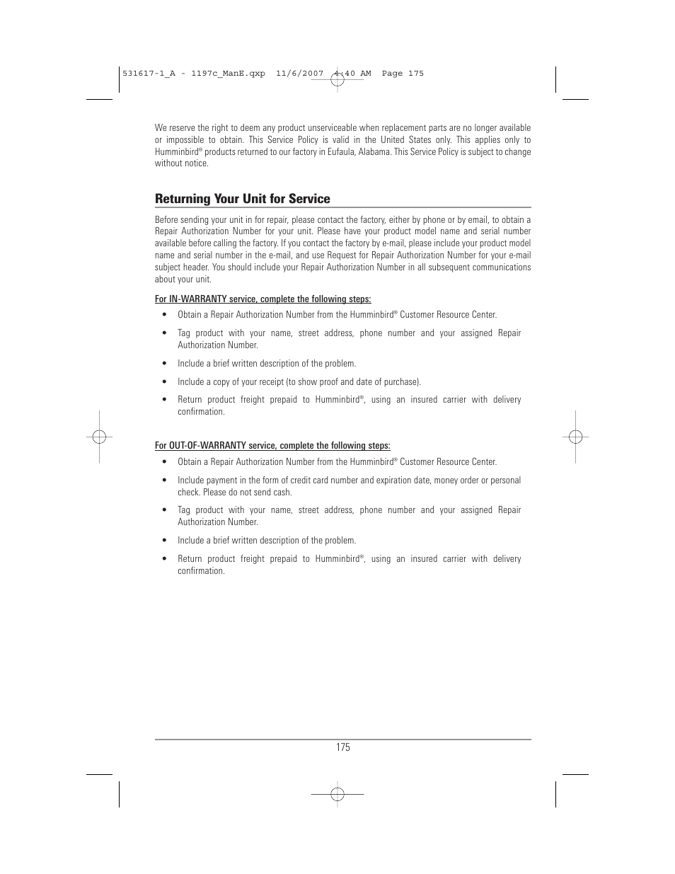 Returning your unit for service | Humminbird 1197C SI User Manual | Page 183 / 196