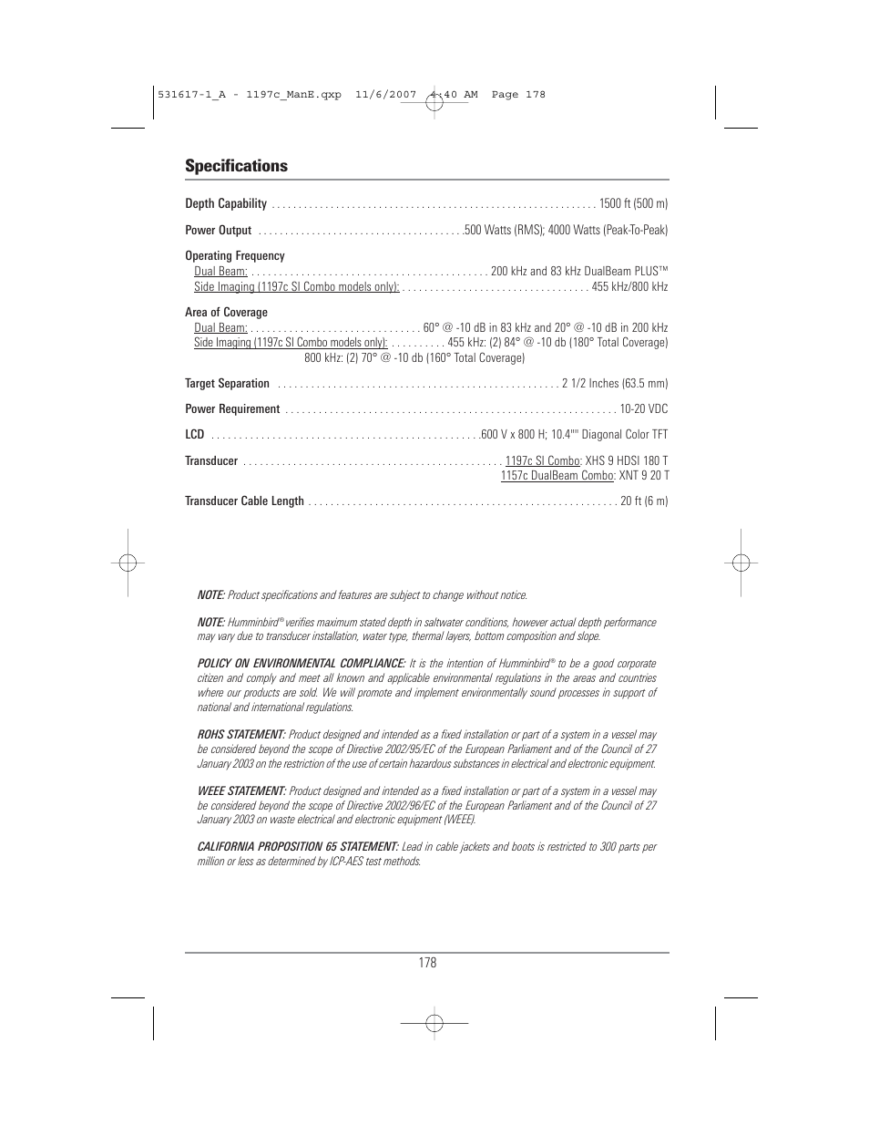 Specifications | Humminbird 1197C SI User Manual | Page 186 / 196
