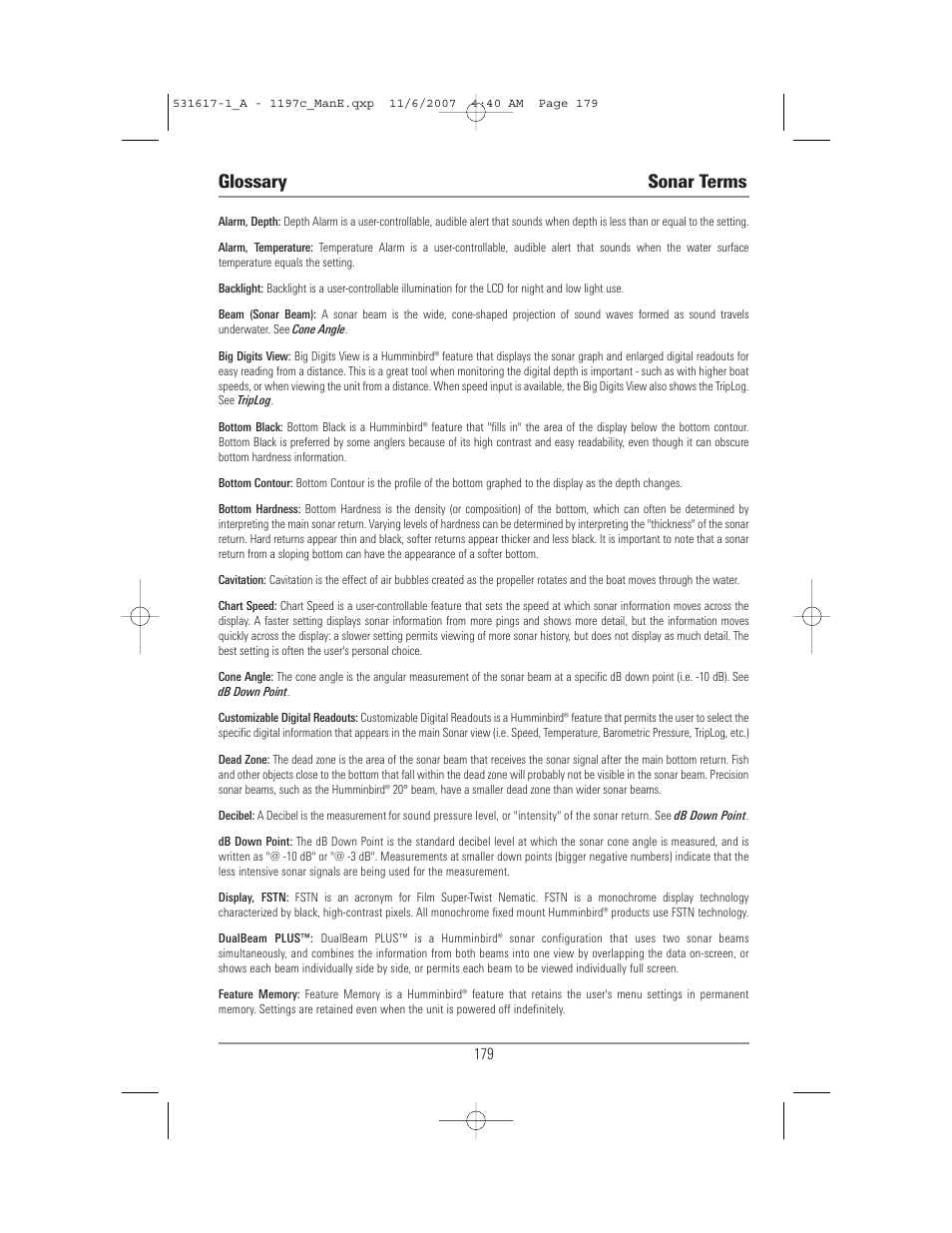 Glossary sonar terms | Humminbird 1197C SI User Manual | Page 187 / 196