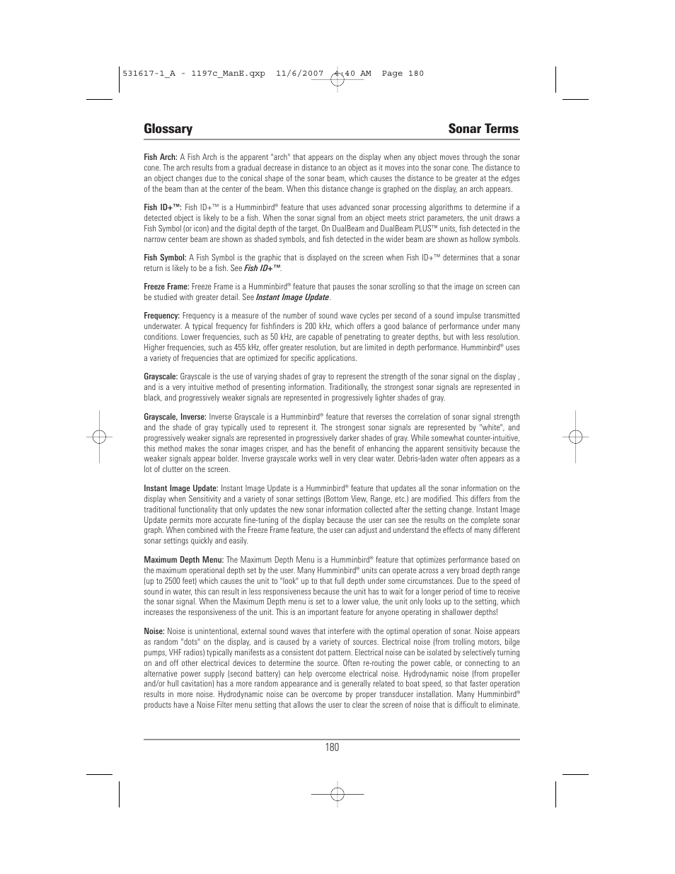 Glossary sonar terms | Humminbird 1197C SI User Manual | Page 188 / 196
