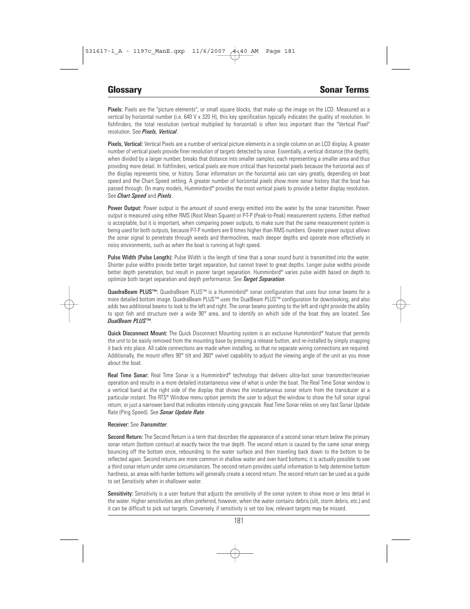 Glossary sonar terms | Humminbird 1197C SI User Manual | Page 189 / 196