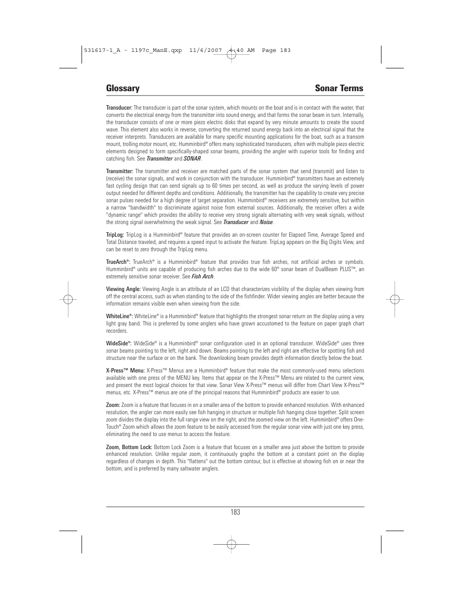 Glossary sonar terms | Humminbird 1197C SI User Manual | Page 191 / 196