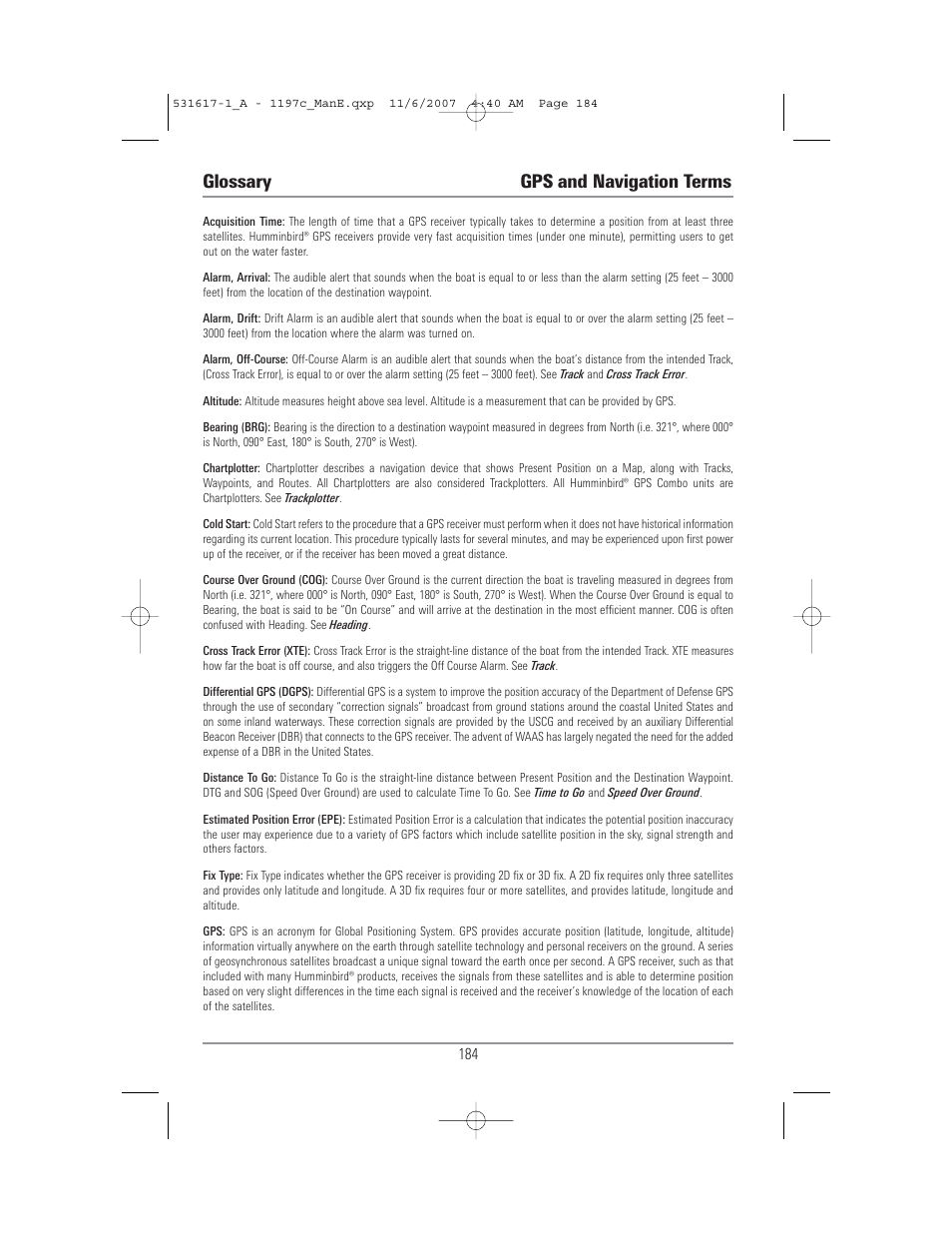 Glossary gps and navigation terms | Humminbird 1197C SI User Manual | Page 192 / 196
