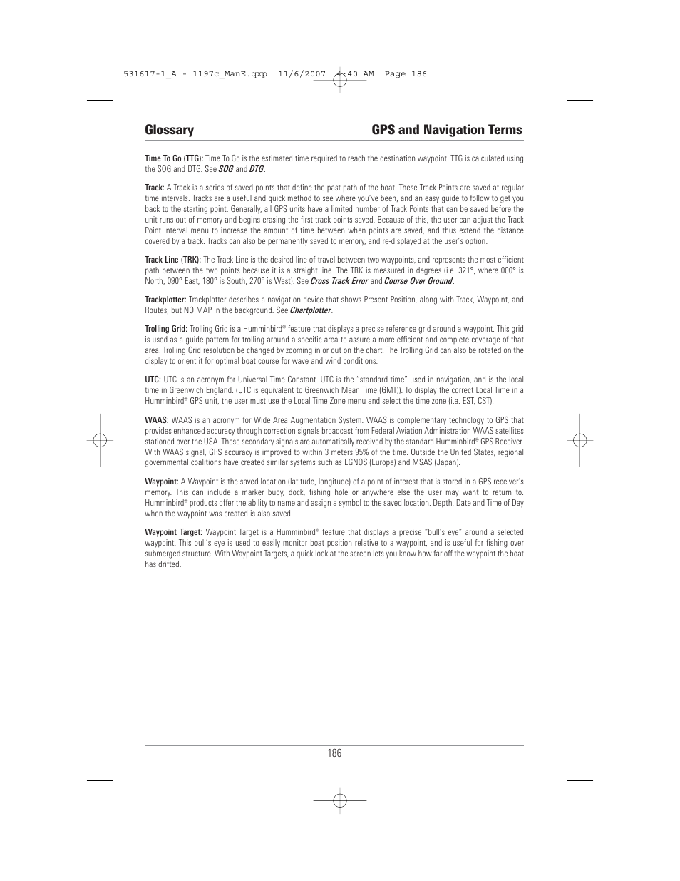 Glossary gps and navigation terms | Humminbird 1197C SI User Manual | Page 194 / 196
