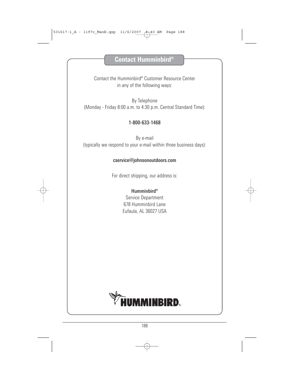 Contact humminbird | Humminbird 1197C SI User Manual | Page 196 / 196