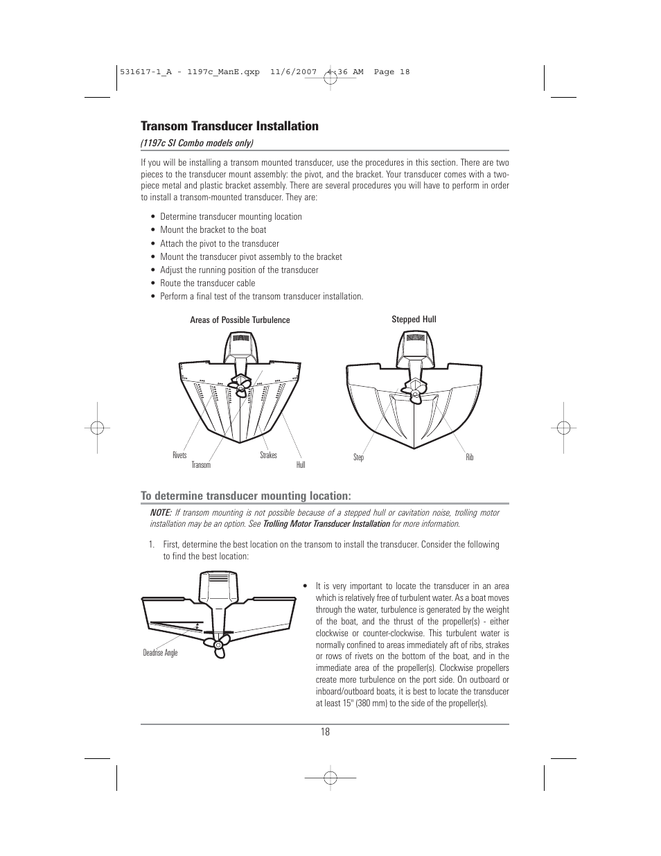 Transom transducer installation | Humminbird 1197C SI User Manual | Page 26 / 196