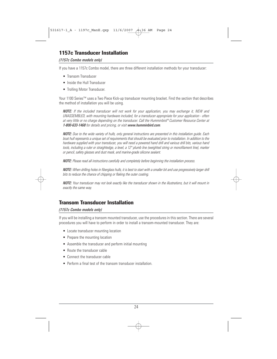 1157c transducer installation, Transom transducer installation | Humminbird 1197C SI User Manual | Page 32 / 196