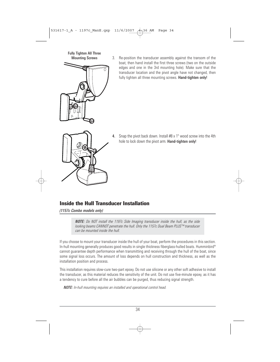 Inside the hull transducer installation | Humminbird 1197C SI User Manual | Page 42 / 196