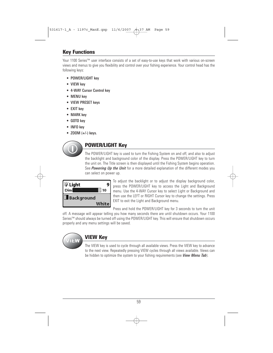 Key functions, Power/light key, View key | Humminbird 1197C SI User Manual | Page 67 / 196