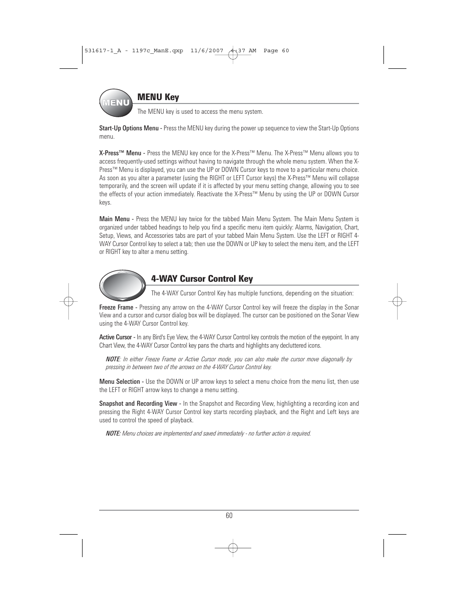 Menu key, Way cursor control key | Humminbird 1197C SI User Manual | Page 68 / 196