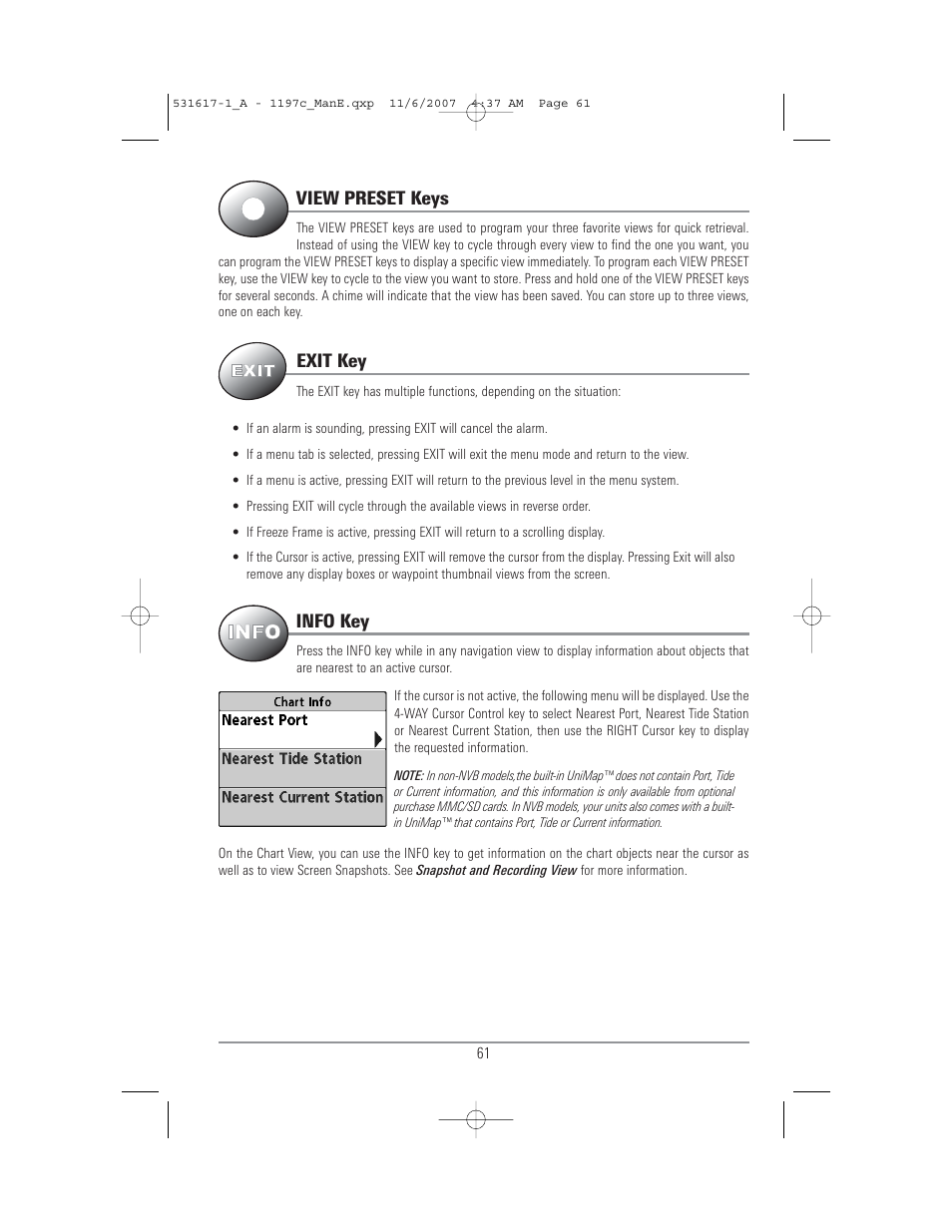 View preset keys, Exit key, Info key | Humminbird 1197C SI User Manual | Page 69 / 196