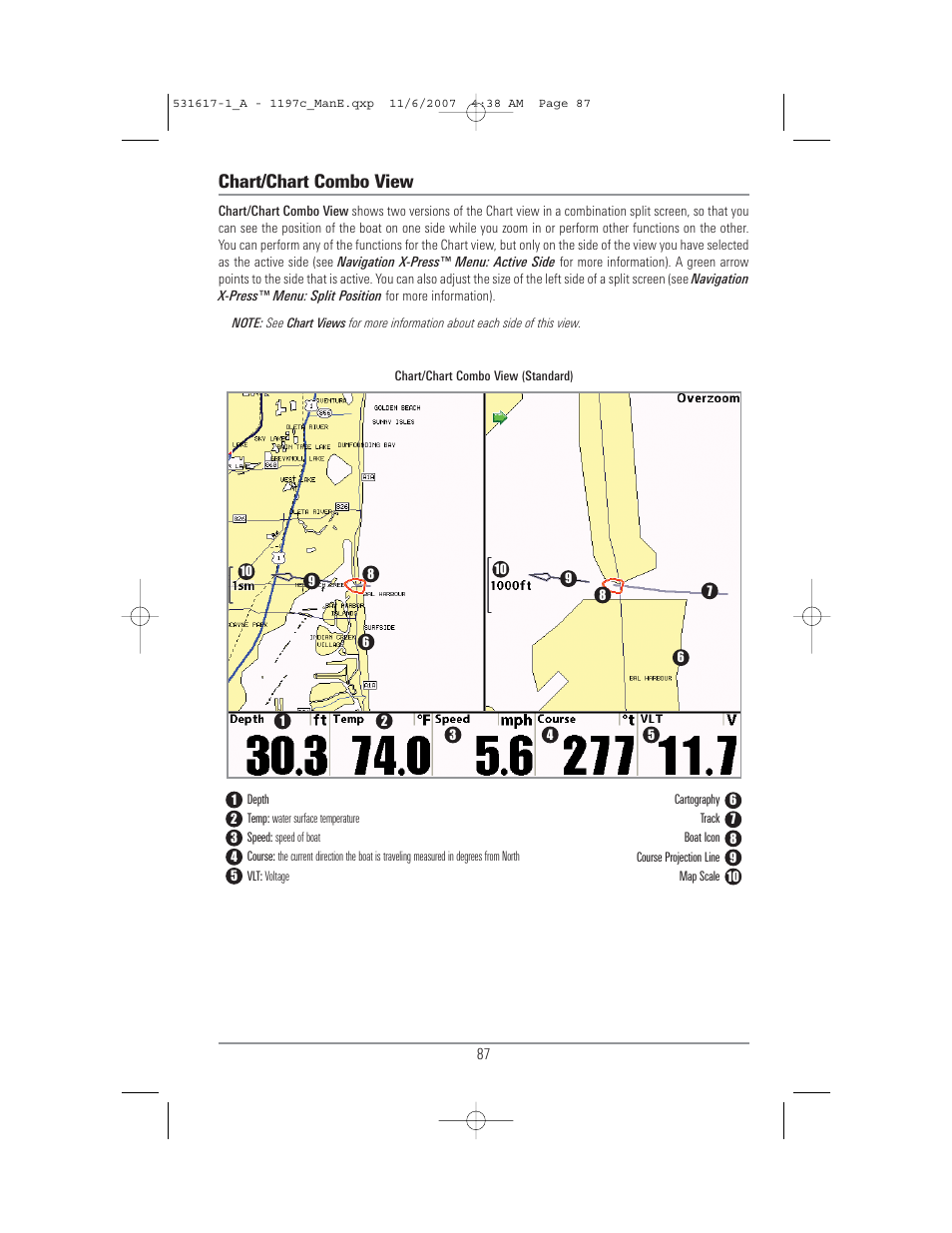 Chart/chart combo view | Humminbird 1197C SI User Manual | Page 95 / 196