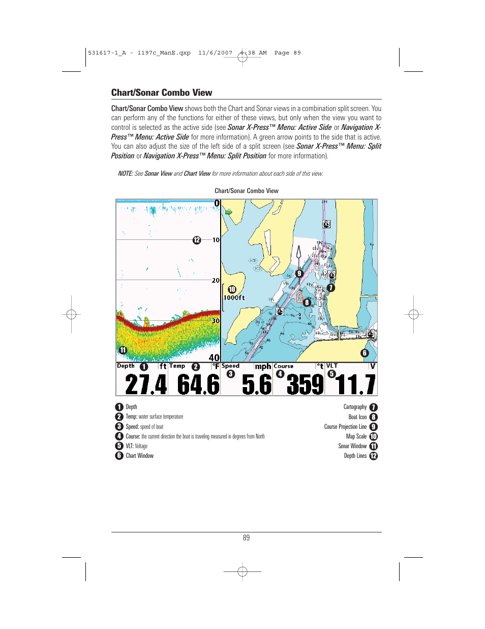 Chart/sonar combo view | Humminbird 1197C SI User Manual | Page 97 / 196