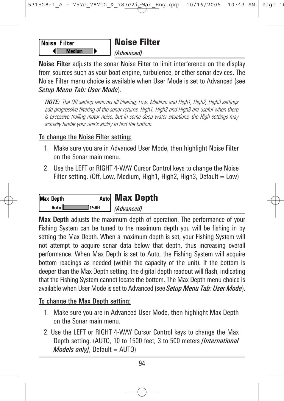 Noise filter, Max depth | Humminbird 757c User Manual | Page 103 / 168