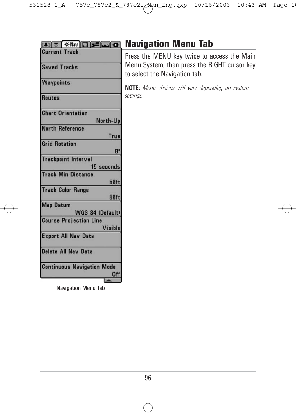Navigation menu tab | Humminbird 757c User Manual | Page 105 / 168
