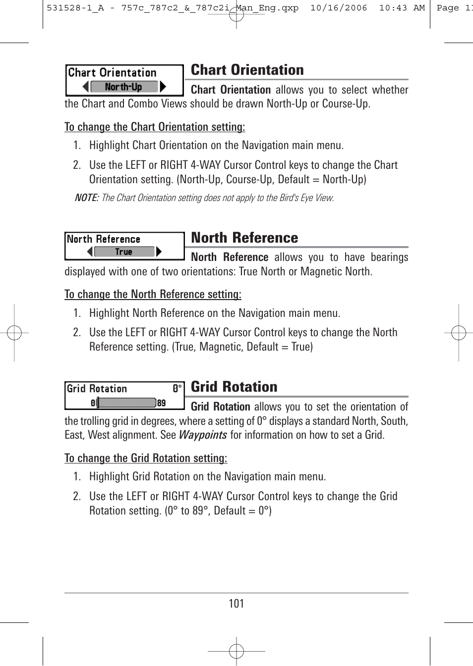 Chart orientation, North reference, Grid rotation | Humminbird 757c User Manual | Page 110 / 168