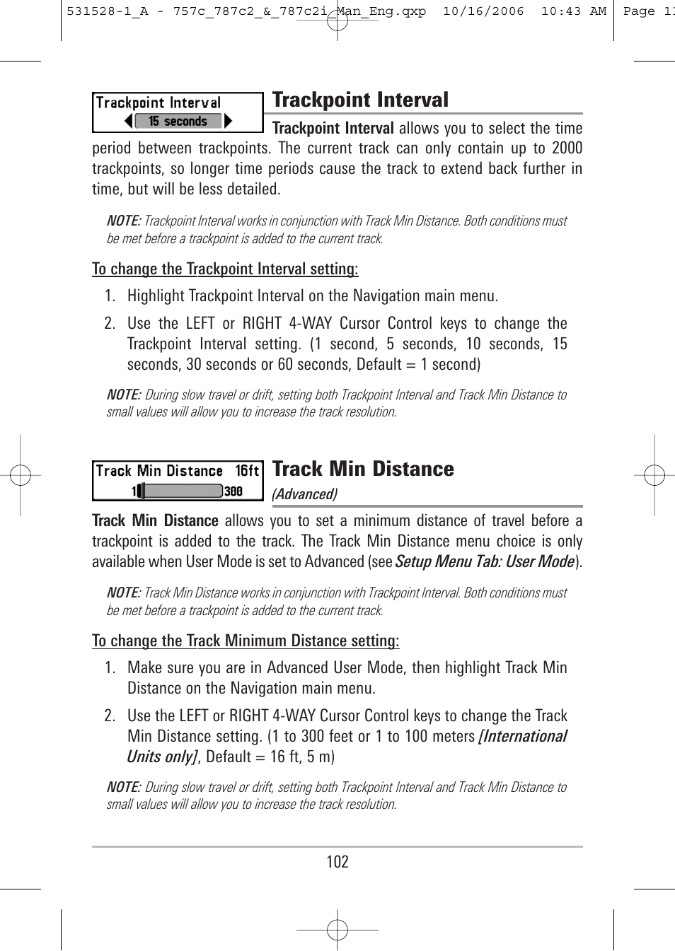 Trackpoint interval, Track min distance | Humminbird 757c User Manual | Page 111 / 168
