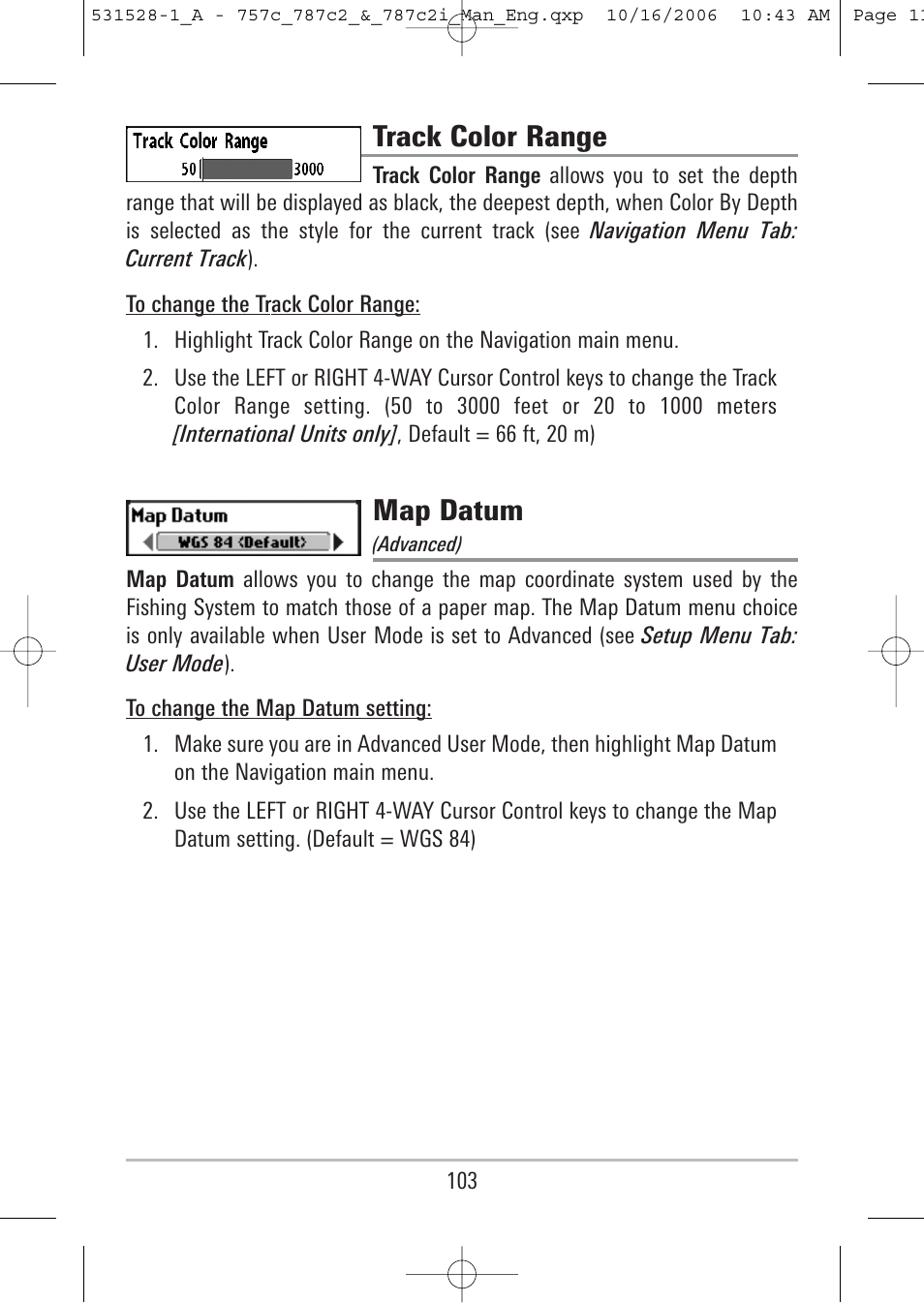 Track color range, Map datum | Humminbird 757c User Manual | Page 112 / 168
