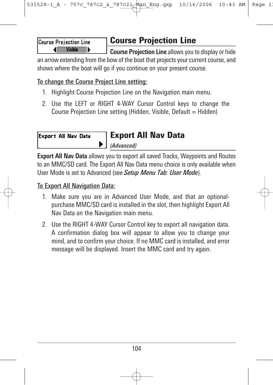 Course projection line, Export all nav data | Humminbird 757c User Manual | Page 113 / 168