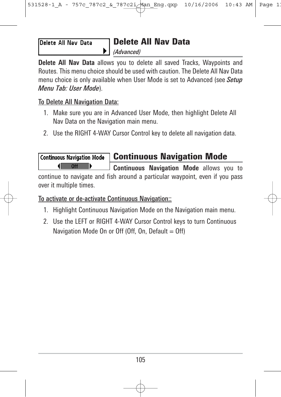 Delete all nav data, Continuous navigation mode | Humminbird 757c User Manual | Page 114 / 168