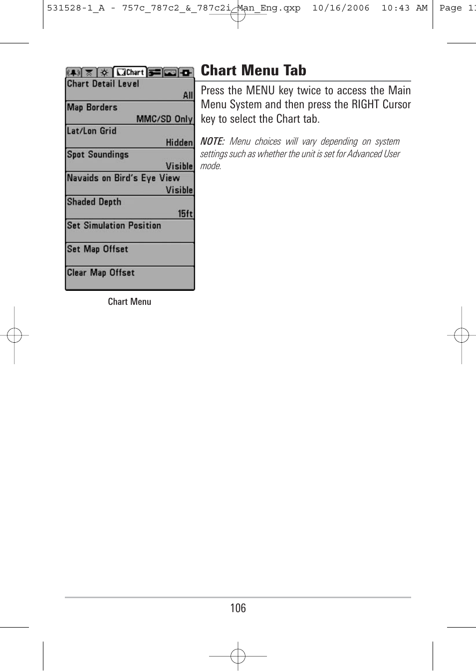 Chart menu tab | Humminbird 757c User Manual | Page 115 / 168