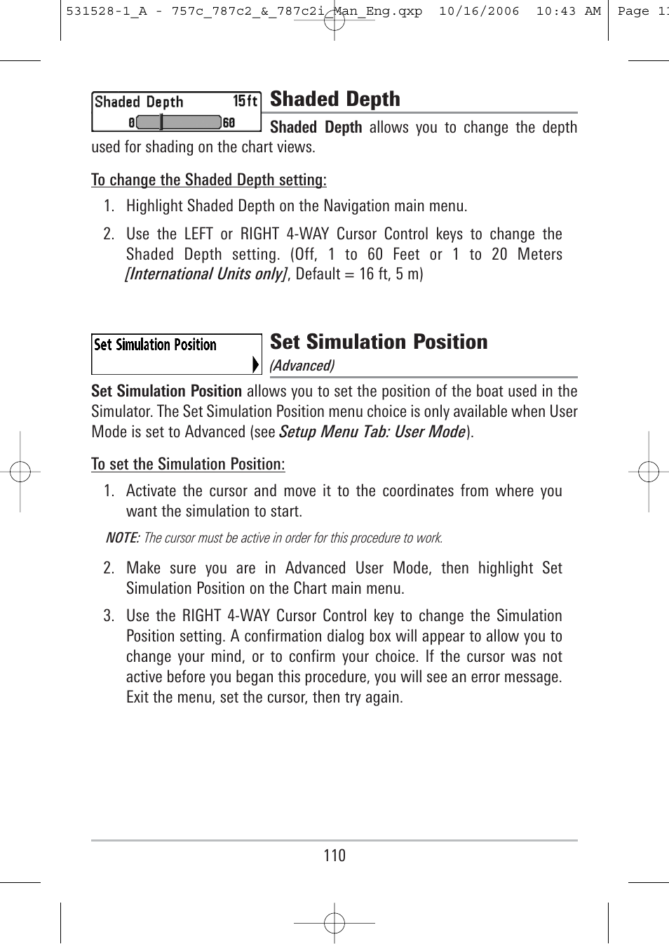 Shaded depth, Set simulation position | Humminbird 757c User Manual | Page 119 / 168