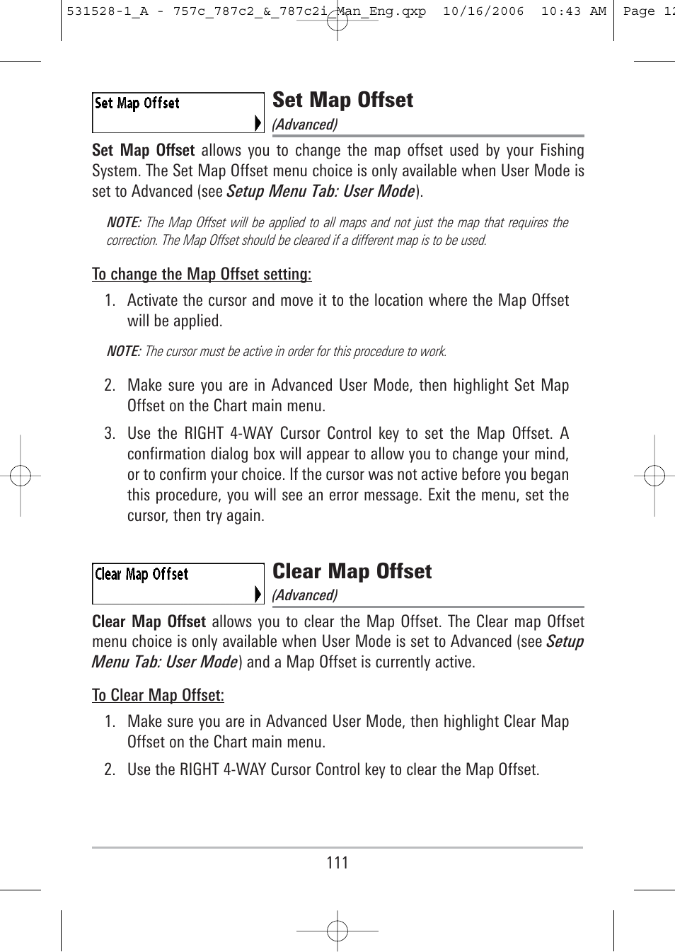 Set map offset, Clear map offset | Humminbird 757c User Manual | Page 120 / 168