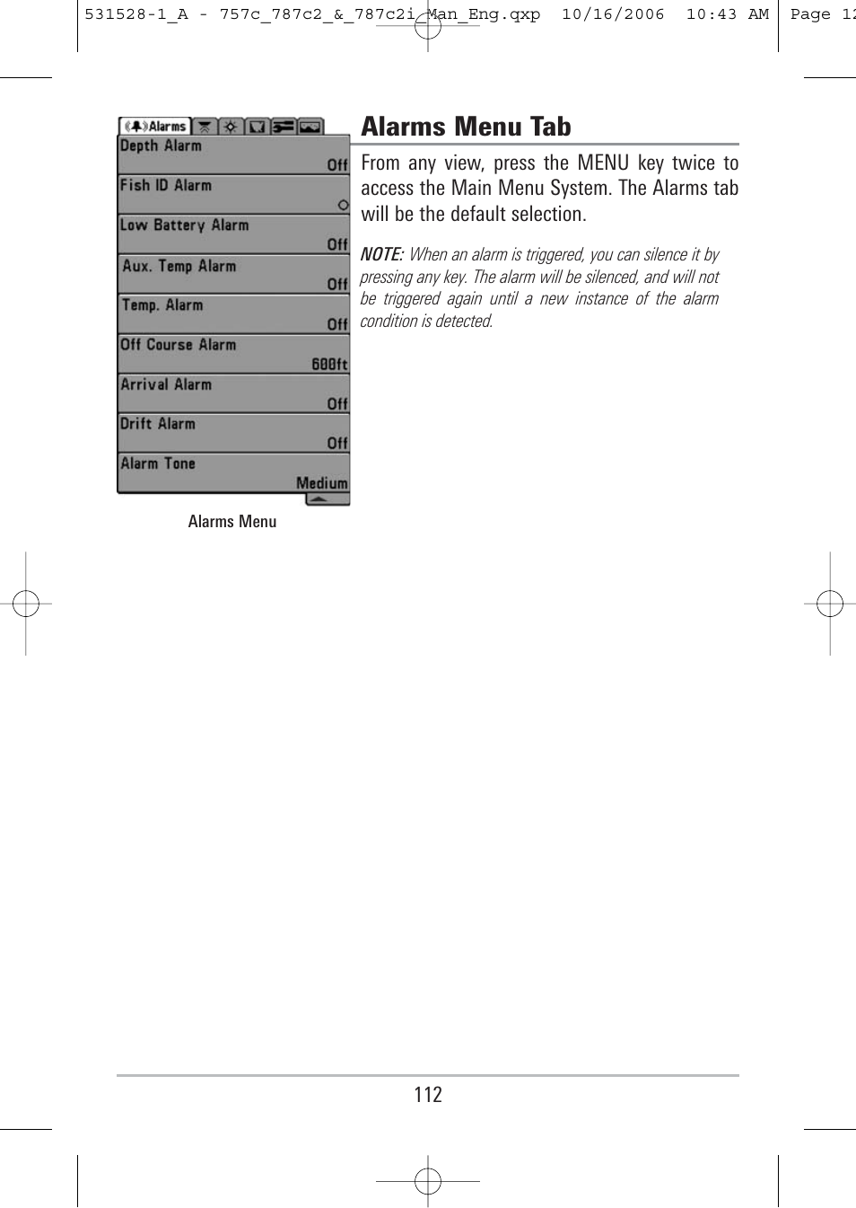 Alarms menu tab | Humminbird 757c User Manual | Page 121 / 168