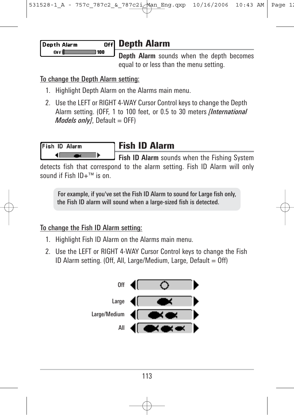 Depth alarm, Fish id alarm | Humminbird 757c User Manual | Page 122 / 168