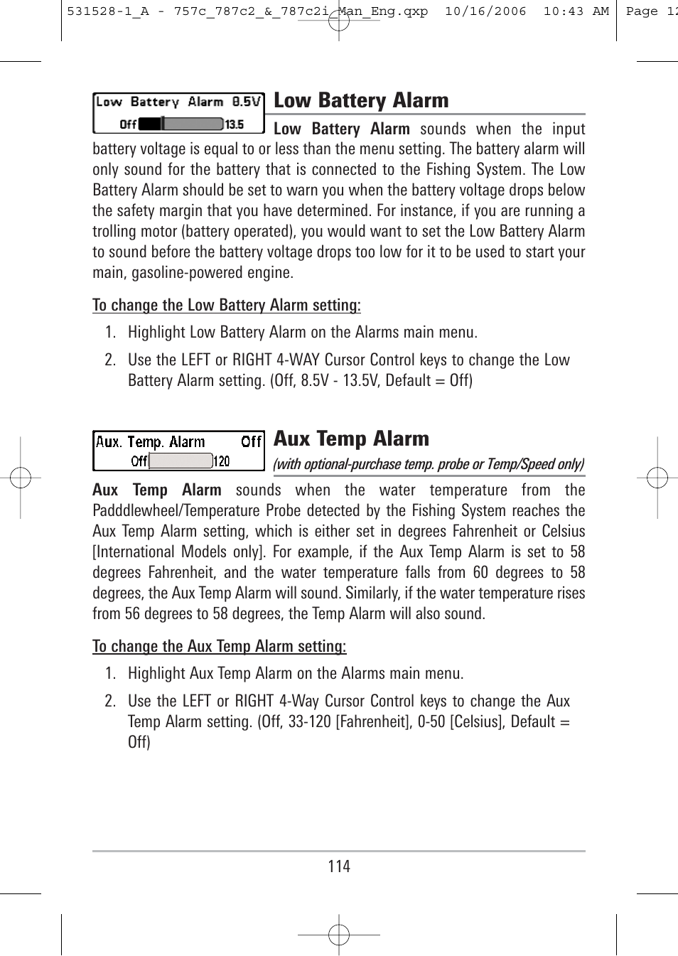 Low battery alarm, Aux temp alarm | Humminbird 757c User Manual | Page 123 / 168