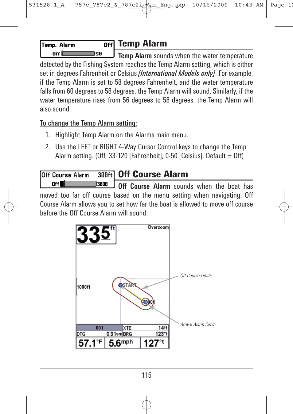 Temp alarm, Off course alarm | Humminbird 757c User Manual | Page 124 / 168