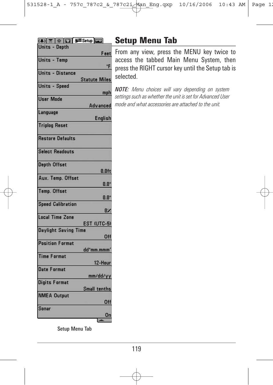 Setup menu tab | Humminbird 757c User Manual | Page 128 / 168