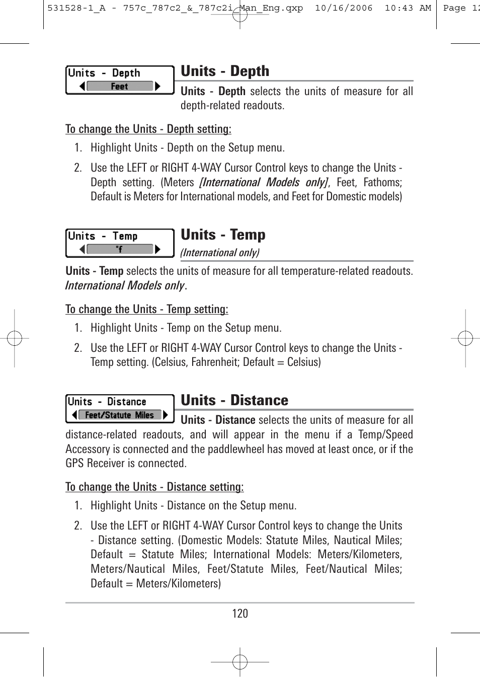 Units - depth, Units - temp, Units - distance | Humminbird 757c User Manual | Page 129 / 168