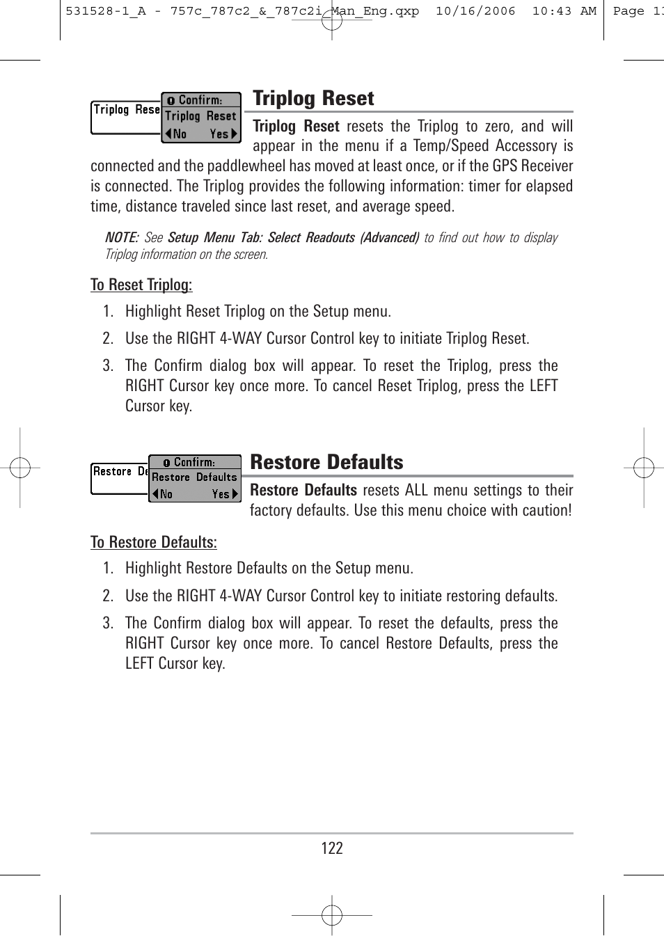 Triplog reset, Restore defaults | Humminbird 757c User Manual | Page 131 / 168