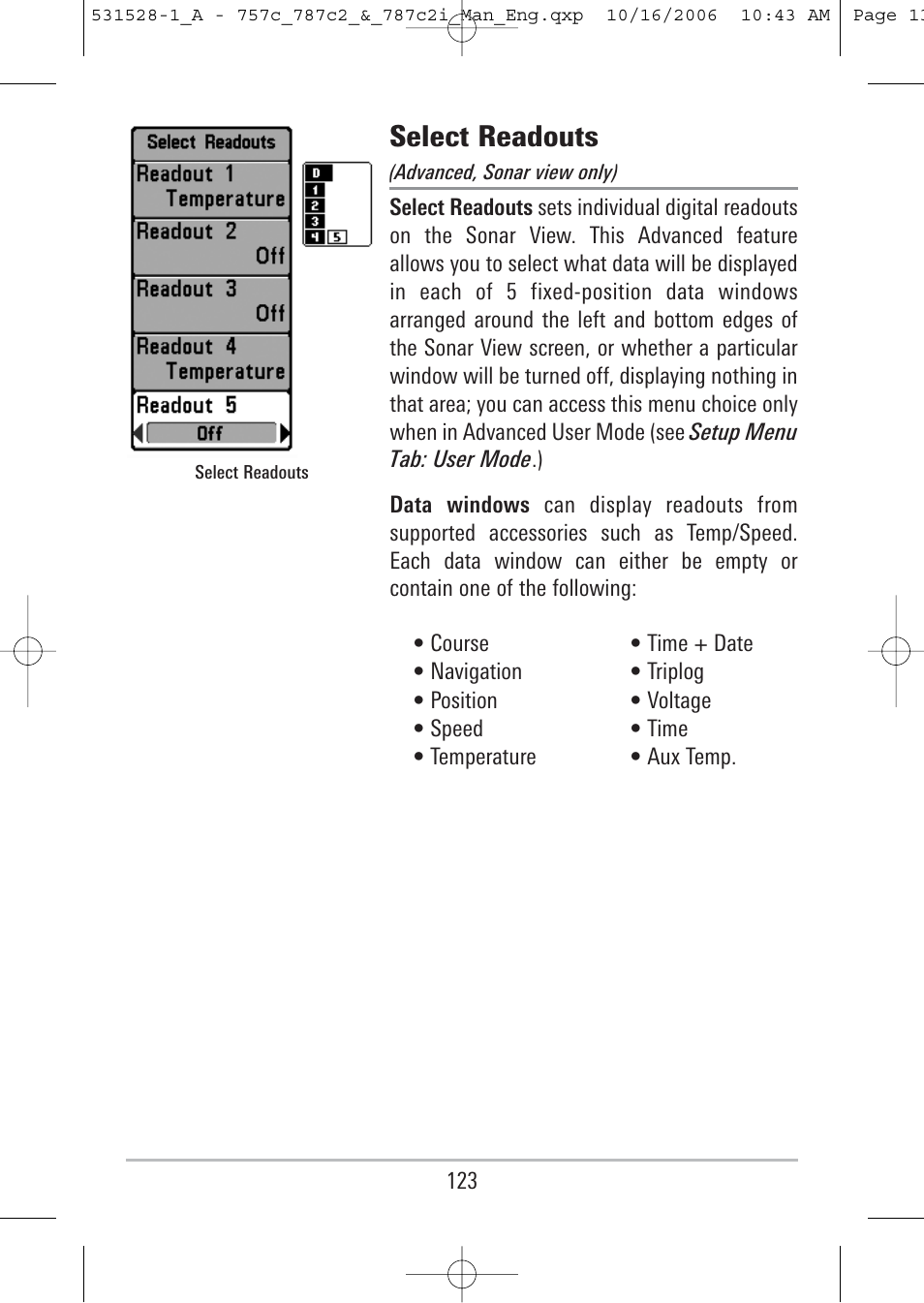 Select readouts | Humminbird 757c User Manual | Page 132 / 168
