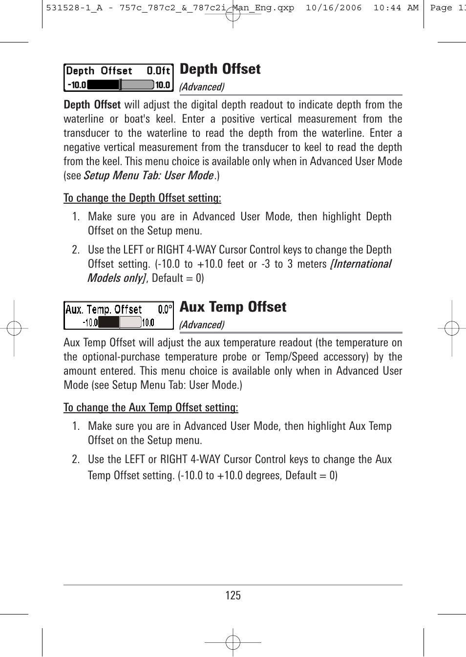 Depth offset, Aux temp offset | Humminbird 757c User Manual | Page 134 / 168