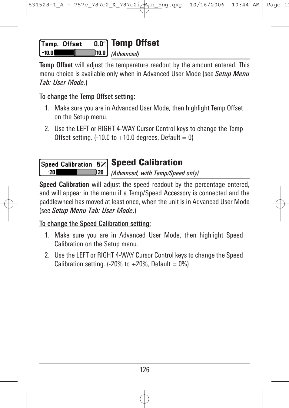 Temp offset, Speed calibration | Humminbird 757c User Manual | Page 135 / 168