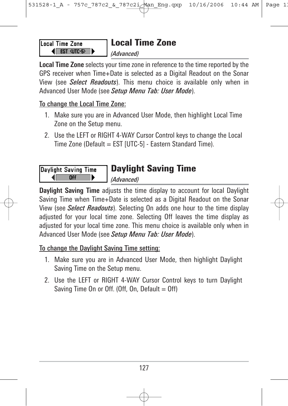 Local time zone, Daylight saving time | Humminbird 757c User Manual | Page 136 / 168