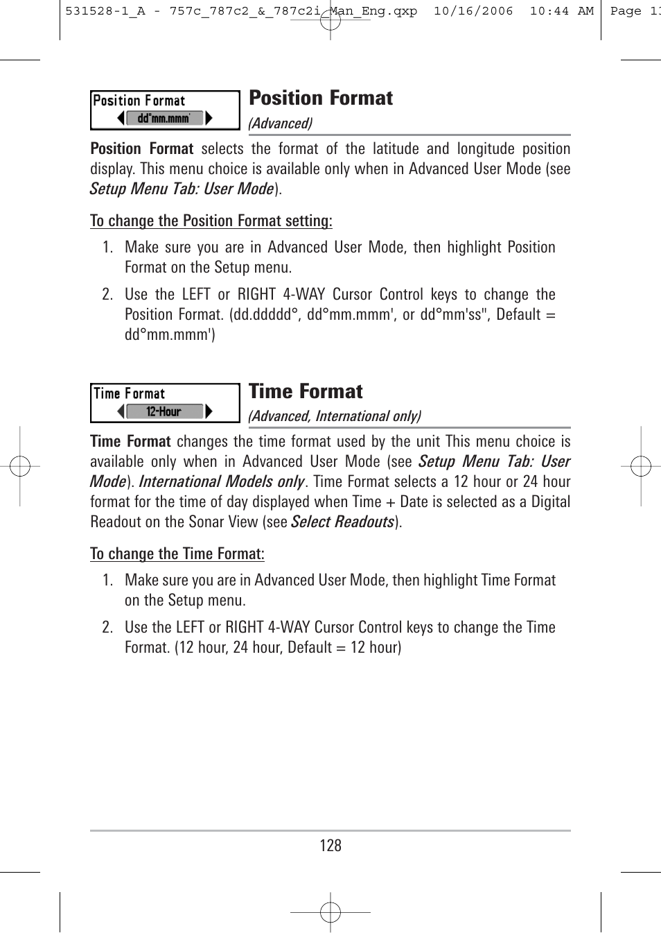 Position format, Time format | Humminbird 757c User Manual | Page 137 / 168
