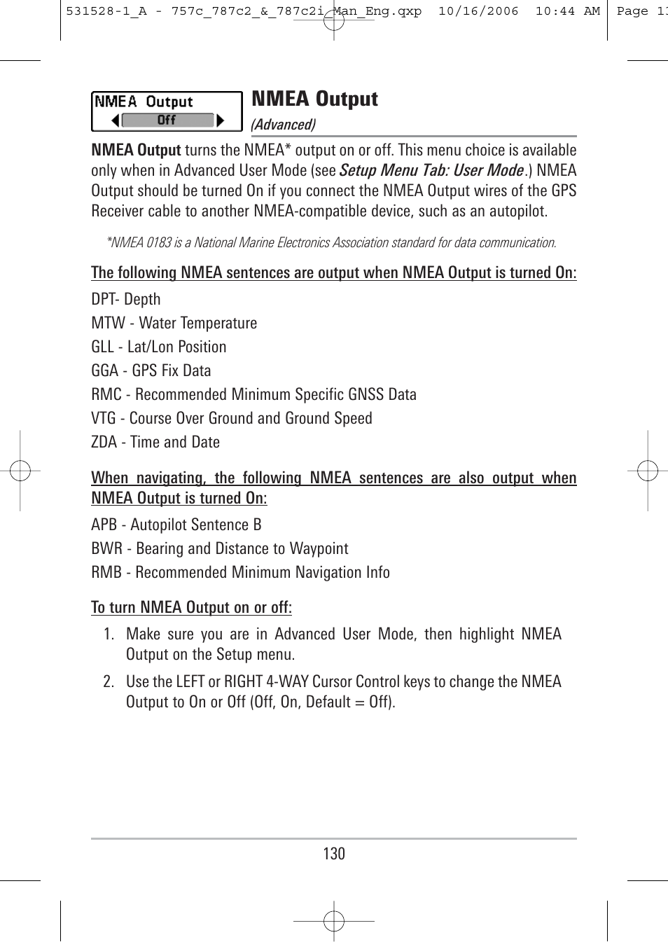 Nmea output | Humminbird 757c User Manual | Page 139 / 168