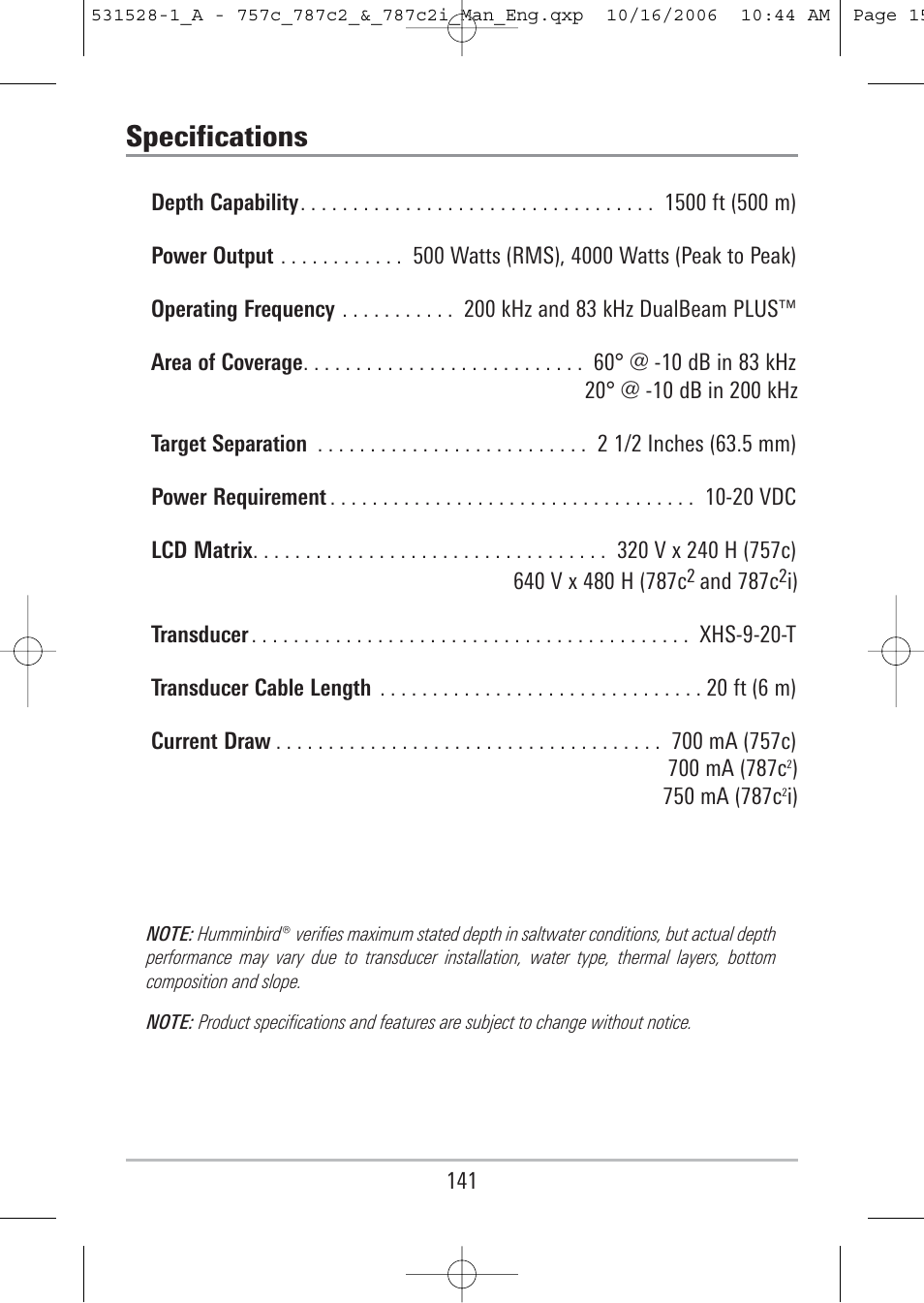 Specifications | Humminbird 757c User Manual | Page 150 / 168