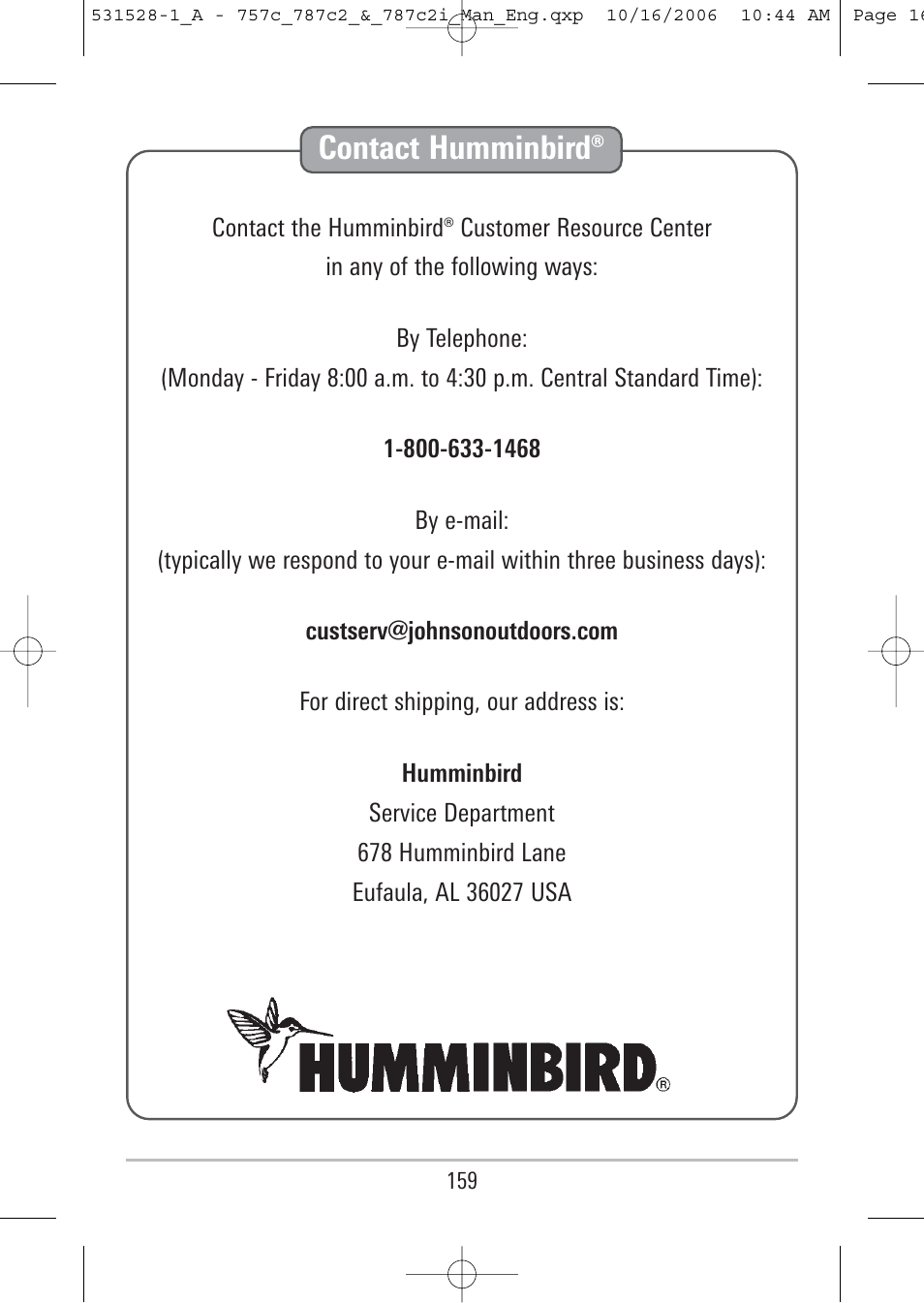 Contact humminbird | Humminbird 757c User Manual | Page 168 / 168