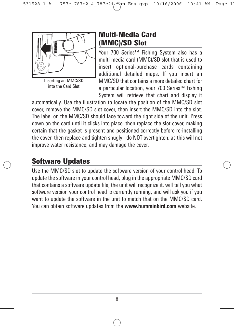 Multi-media card (mmc)/sd slot, Software updates | Humminbird 757c User Manual | Page 17 / 168