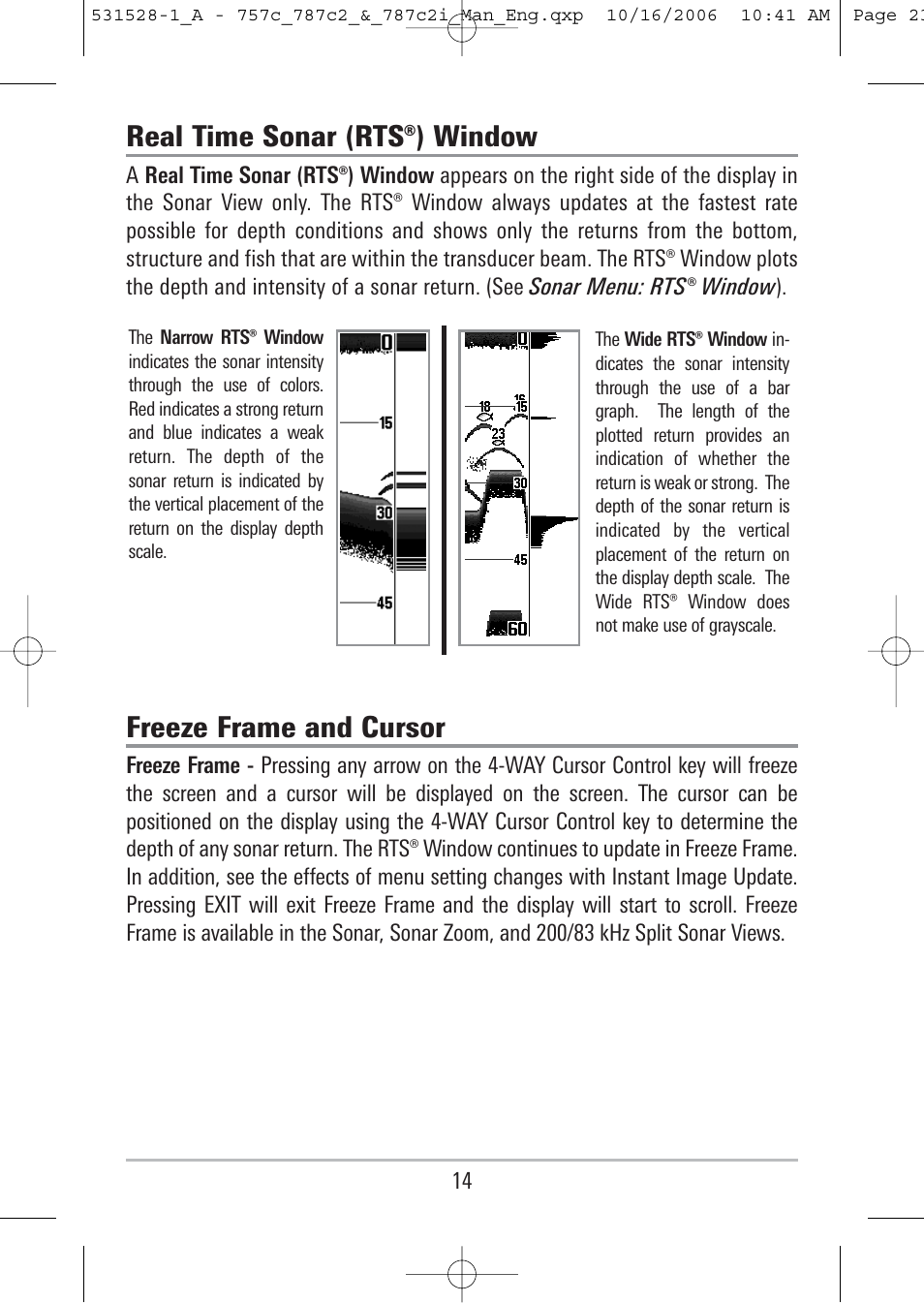 Real time sonar (rts®) window, Freeze frame and cursor | Humminbird 757c User Manual | Page 23 / 168