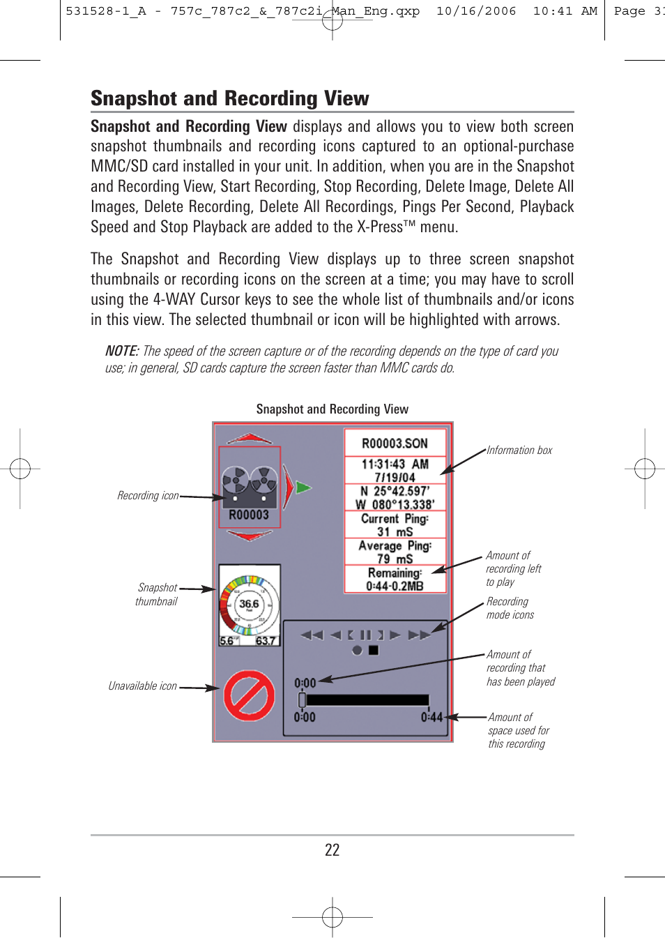 Snapshot and recording view | Humminbird 757c User Manual | Page 31 / 168