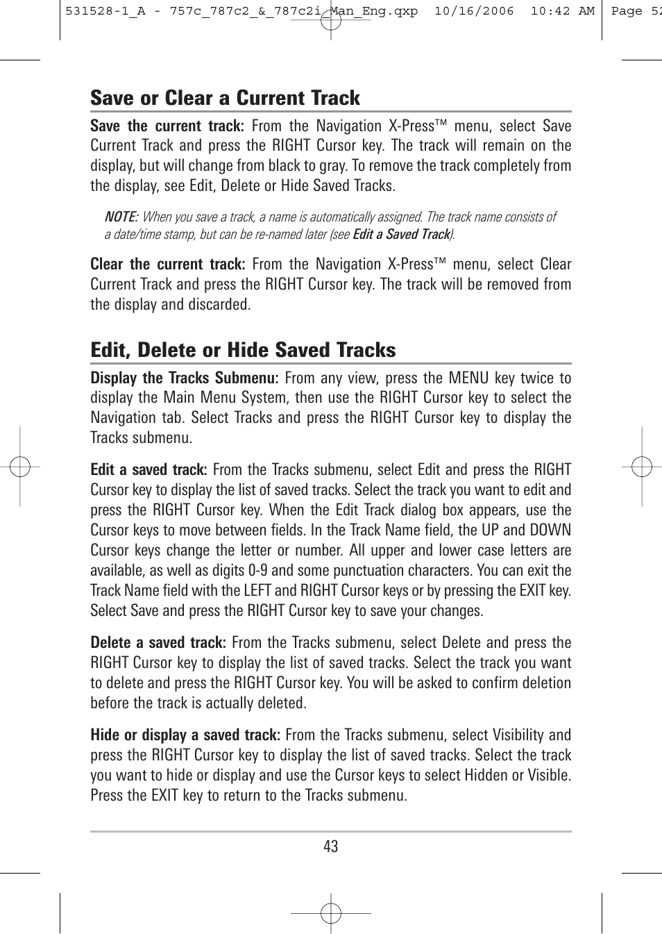 Save or clear a current track, Edit, delete or hide saved tracks | Humminbird 757c User Manual | Page 52 / 168