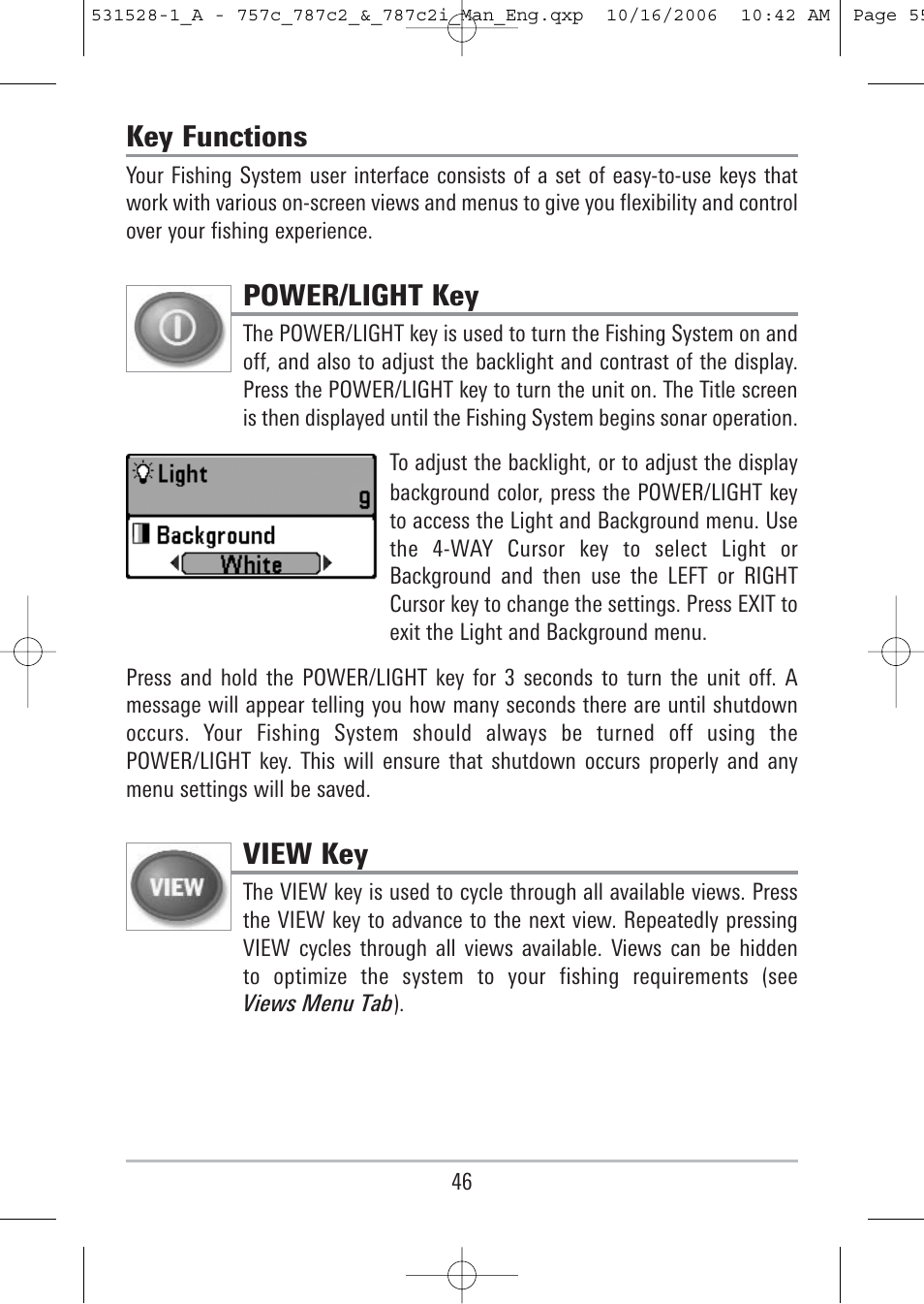 Key functions, Power/light key, View key | Humminbird 757c User Manual | Page 55 / 168