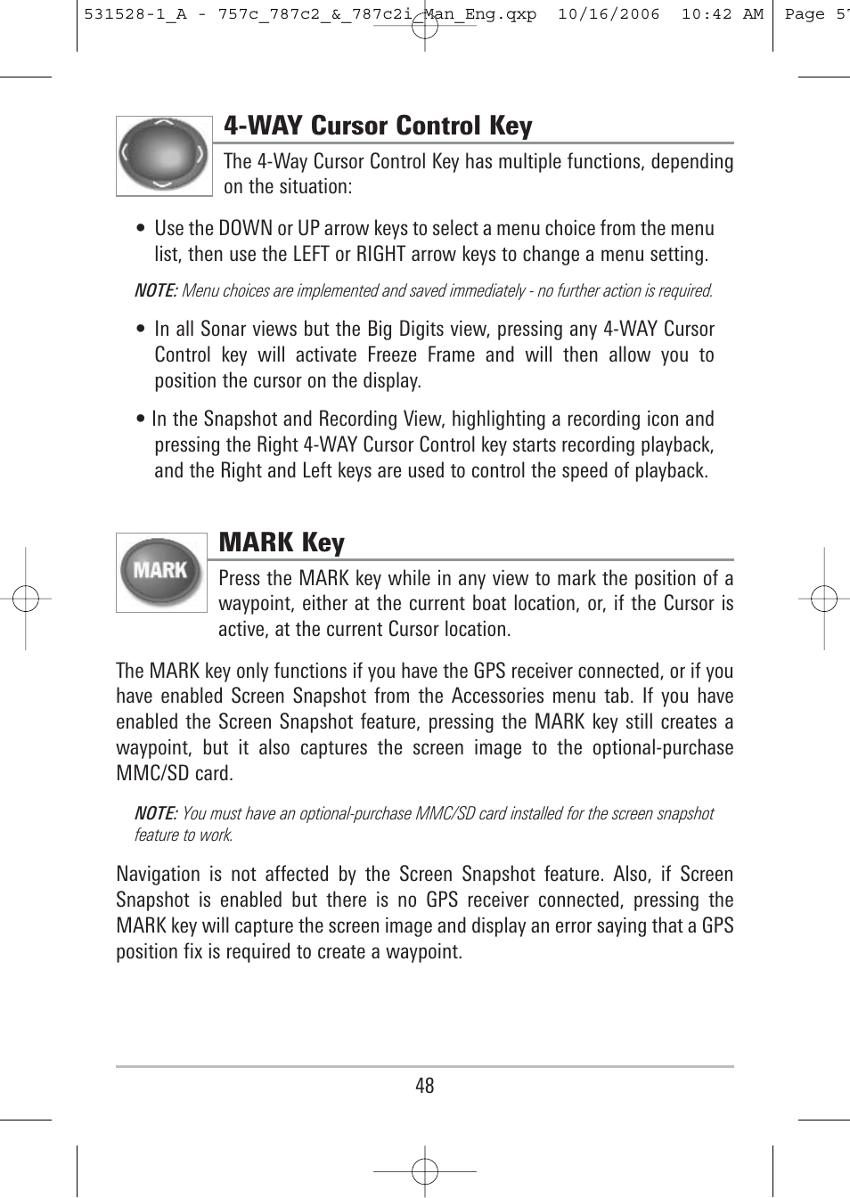 Way cursor control key, Mark key | Humminbird 757c User Manual | Page 57 / 168