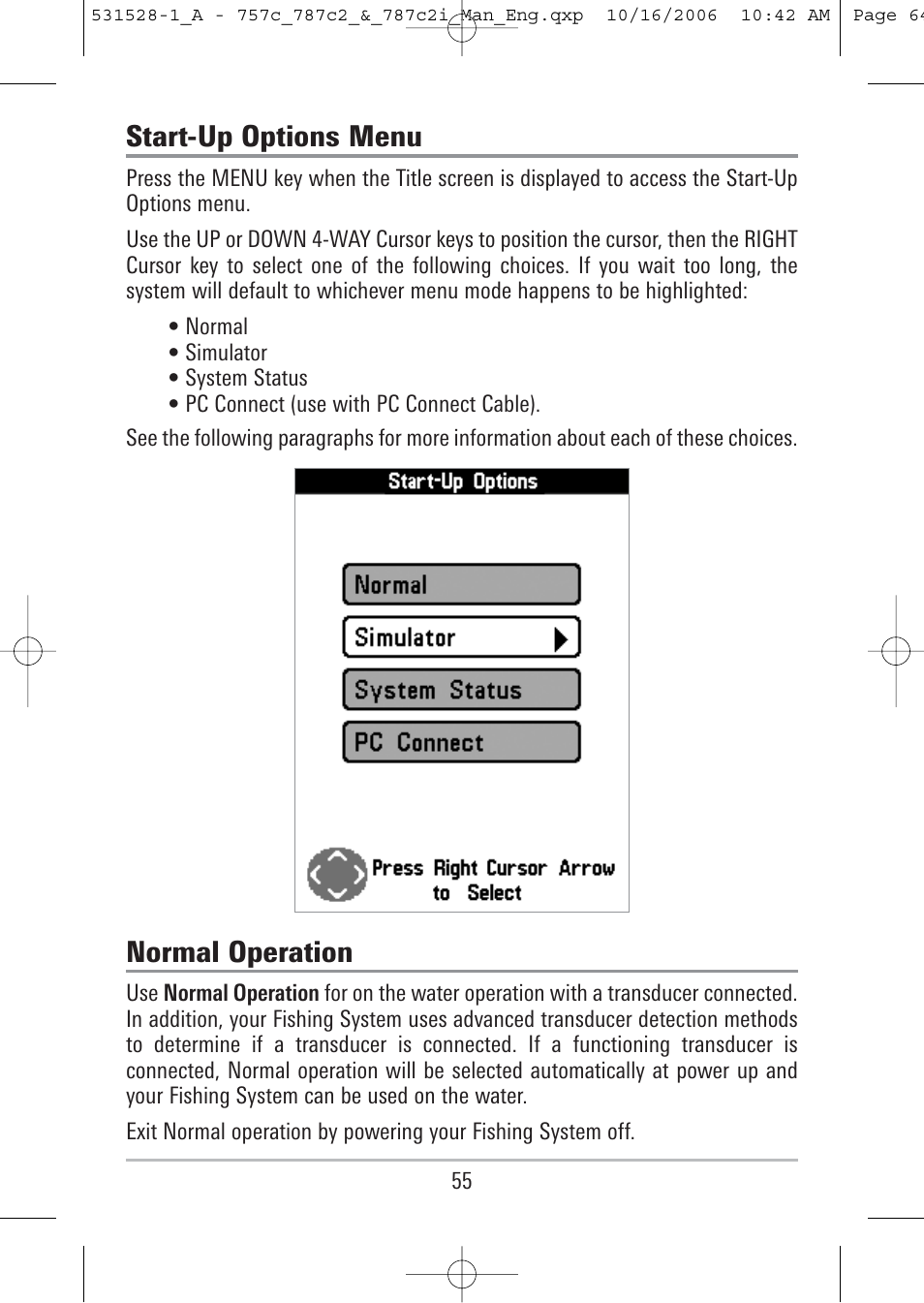 Start-up options menu, Normal operation | Humminbird 757c User Manual | Page 64 / 168